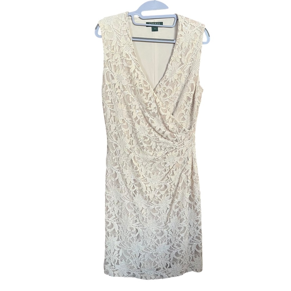 Lauren Ralph Lauren Dress Cream Lace Sequin Sleeveless Sheath Dress Size 10